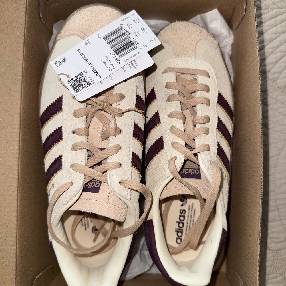 Adidas Beige and Burgundy Platform Gazelle Sneakers